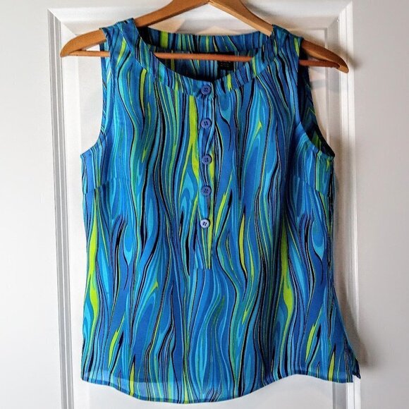 Sandra Blue Pure Silk Button-Front Sleeveless Top - Picture 1 of 5